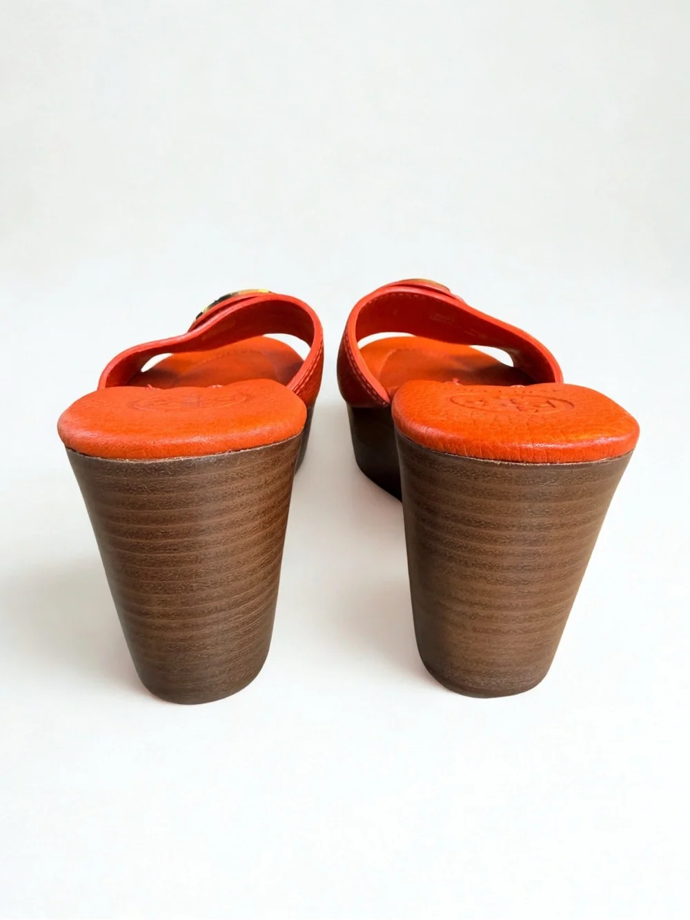 Tory Burch Selma Orange Leather Gold Logo Wedge Slide Sandals Size 6.5M